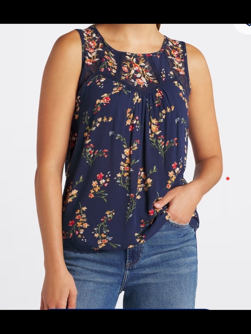 Mason & Belle Tempesta Floral Lace Yoke Navy Sleeveless Top